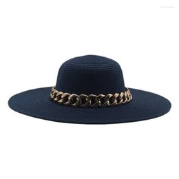 Wide Brim Hats Women Summer Solid Dome Big 11cm Chain Band Sun Straw White Black Bucket Panama Beach Protection Men Caps Elob22