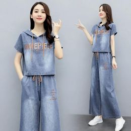 Women's Two Piece Pants Letter Embroidery Short Sleeve Denim Tracksuit Women Jean 2 Sets Casual Hooded Tops Drawstring Wide Leg SuitWomen's