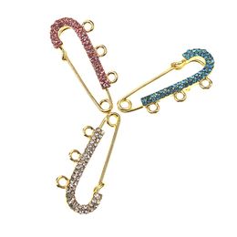 4CM Gold /Silver Plated Small Alloy Rhinestone Safety Pins Brooches Islamic Muslim Pink White Blue Crystal Hijab Scarf Baby Pins With 3 Loops For DIY Jewellery Making