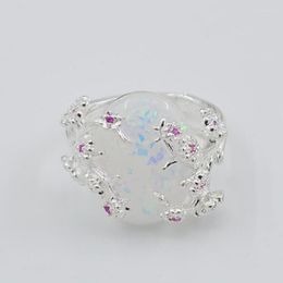Wedding Rings Vintage Ring Ladies Elegant Silver Plum Blossom Flower White Fire Opal Crystal Tree Women Engagement Jewelry Edwi22
