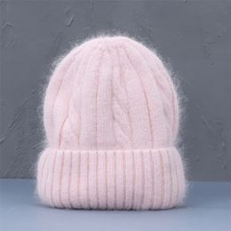 Female Cashmere Blend Winter Hat Long Fur Warm Soft Wool Knitted Hats Women Skullies Beanies Wholesale 220817