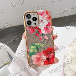 Fashion Designer Geranium Flower Leather Phone Cases for iPhone 15 15pro 14 14pro 14plus 13 12 mini 11 pro max XR Xsmax Luxury Electroplated Frame Cellphone Cover