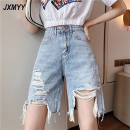 Fashion Product Denim Shorts Korean Style Loose Hole High Waist Thin Section Wild Straight Wide Leg Pants JXMYY 210412