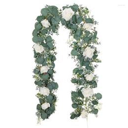 -Artificial Plant Flowers Eucalyptus Garland With White Roses Greenery Leaves For Wedding Backdrop Party Wall Table Decor Decorative & Wreat