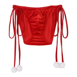 Men's G-Strings Gay Mens Christmas Lingerie Underwear Nightwear Side Lace-up Fluffy Bikini Briefs Panties Sexy Low Waist Bulge Pouch Underpa