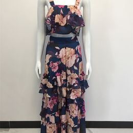 DEAT 2020 Spring Boho New Sexy Women Chiffon Two Piece Set Long Skirt Floral Printed Ruffles High Waist Casual Outfit LJ201126