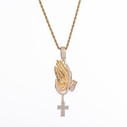 Hip Hop Brass Iced Out Micro Pave CZ Praying Hands Cross Pendant Necklace Charm For Men Women