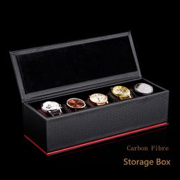 5 Slots Carbon Fibre Watch Box Organizer Black Case Storage Men's Display Gift 220428