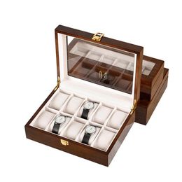 12 watch display box UK - Watch Boxes & Cases Brown Men Box Organizer 12 Slots Luxury Glossy Case Wood Storage Watches Display Packaging Pillow Gift IdeasWatch