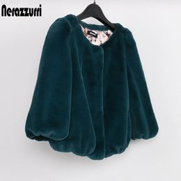 Nerazzurri Spring Fall Short Light Soft Faux Fur Jacket Women 2022 with 3/4 Puff Sleeve Fluffy Fake Rabbit Fur Cropped Top 5xl T220716