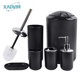 6Pcs/Set Luxury Bathroom Accessories Plastic Toothbrush Holder Cup Soap Dispenser Dish Toilet Brush Holder Trash Can Set 220624