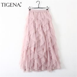 TIGENA Fashion Tutu Tulle Skirt Women Long Maxi 2020 Korean Cute Pink High Waist Pleated Female School Sun spodnica LJ200820