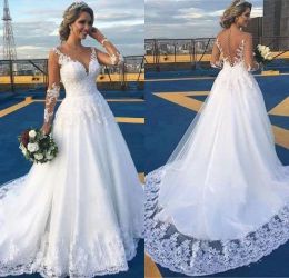 2022 abiti da sposa applique in pizzo abito da sposa palco a maniche lunghe bottoni coperti per illustrati in tulle sweep treno vestido de novi personalizzato più dimensioni