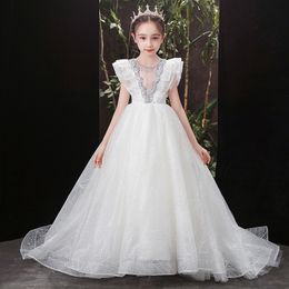 -2022 vestidos brancos de menina de flores para casamento vestido de bola de jóia de jóia Apliques de renda de diamante Diamond Kids Girls Girls Dress Vestido de trem Vestidos de aniversário