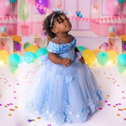 Light Sky Blue Lace Flower Girl Dresses For Wedding D Appliqued Pearls Ball Gown Toddler Pageant Gowns Tulle Floor Length Kids Birthday Dress Off Shoulder