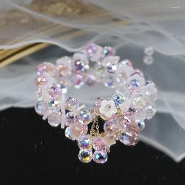 Beaded Strands Sweet Natural Shell Flower Shining Pink/Clear Crystal Cute Handmade Bracelets For Women Girls Fashion Jewelry Gift YB Fawn22