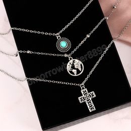 Bohemian Multi-layer Zinc Alloy Necklace Vintage Map Cross Turquoise Pendant Necklace Women Neck Chain Party Jewellery Gifts