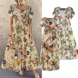 Vintage Floral Long Dres Summer Elegant Linen Short Sleeve Boho Maxi Dress Female Holiday Sundress Party Dresses Vestidos 220530