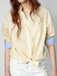 Women's Knits & Tees Elegant Yellow Striped Shirt Women Turn-down Collar Breasted Cotton Blue Cuff Top Shirts Office Lady Casual Blouse Blus