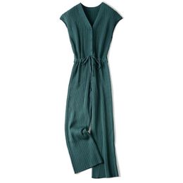 Winter Fall Elegant Rompers Women Wide Legs Jumpsuits Solid Knitted Sleveless Sweater Vest Feminino Drawstring Overalls Tank Top 201007
