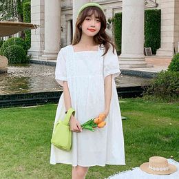 Maternity Summer White Dress Short Sleeve Square Collar Lace Patchwork Pregnanct Woman Aline Dress Sweet Pregnancy Clothes Cute J220628