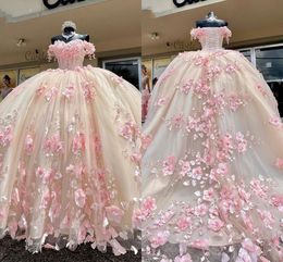 2023 Luxurious Pink Pearls 3D Flowers Applique Quinceanera Dresses Long Train Ball Gown Off The Shoulder Pageant Sweet 16 15 Girls Prom Dress