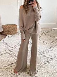 Women's Two Piece Pants 2022 European And American Solid Color Round Neck Long Sleeve Casual Two-piece Suit