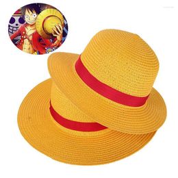 Wide Brim Hats Boy Girl One Piece Cap Straw Hat Neck String Luffy Flat Cosplay Japanese Cartoon Props Kid Red Stripe Beach YF001 Scot22