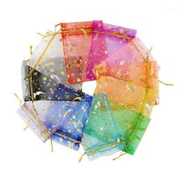 50pcs 7x9cm Stars Moned Gasza Bag Organza Bolsas Coloridas Bolsas de empaque de joyas transparentes para la fiesta de cumpleaños de la boda Bolsa Drawstring Pouch