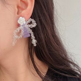 Dangle & Chandelier Statement Fashion Transparent Bowknot Drop Earrings For Women 2022 New Personality Purple White Rose Flower Pendientes
