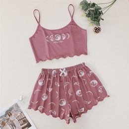 Spaghetti Strap Letter Print Pajama Set Sleeveless Trim Pyjamas Sleep Shorts Set Lace Pijama Suit Sleepwear Women Sexy Nighties 220527