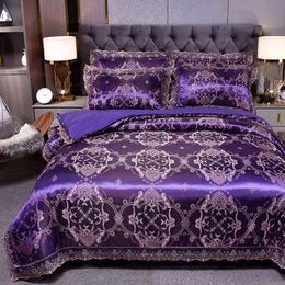 Dropshipping Wedding Duvet Cover Set Golden Jacquard bedding set Lace flat sheet 3/4pcs European luxury Royal Blue N2 G220215