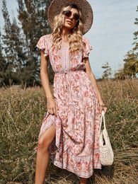 Pink Printing Beach Summer Shirt Dress Vintage High Waist Mini Casual Women Dresses Loose Short Sleeve Single-Breasted Slim Robe