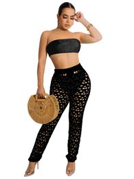 Women's Two Piece Pants Black White Three Hole Set Sexy Corset Tank Tops Panties Pencil Women High Waist Hollow Out Club Outfits Party SetsW
