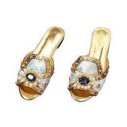 2022 Women Ladies Genuine Leather Flat Sandals Shoes Pumps Slipper Summer Casual Peep-toes Party Wedding Dimond Flower Gemstones Pearl Slip-on Shoes Size 35-43