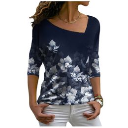 Fashion Casual Flower Print Diagonal Collar T-Shirt Women Long Sleeve Pullover Tops Tee Clothes Autumn Lady Streetwear 220408