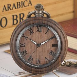 Pocket Watches Retro Ebony Wood Quartz Roman Literal Round Dial Luxury Luminous Needle Wooden Clock Art Collectibles Relojes De Bolsillopock