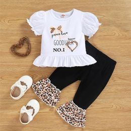 Clothing Sets Born Baby Girl 2pcs Outfits Short Puff Sleeve Letter Printed Tops Leopard Patchwork Flare Pants Baby's Set