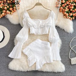 Gagaok Chiffon Two Piece Set Women Summer High Street Fashion Sexy French Outfits Navel Blouses Solid Wild Shorts 220526