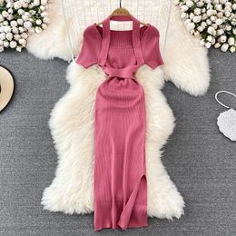 New fashion women's summer square collar short sleeve halter neck knitted bodycon tunic vent jag midi long dress solid color