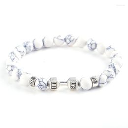 Beaded Strands High Quality White Matte Beads Bracelet For Unisex Fitness Fit Life Prayer Dumbbell Bracelets Barbell Motivation Gym Jewelry