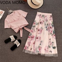 HIGH QUALITY Women Irregular T Shirt+Mesh Skirts Suits Bowknot Solid Tops Vintage Floral Skirt Sets Elegant Woman Two Piece Set 220509