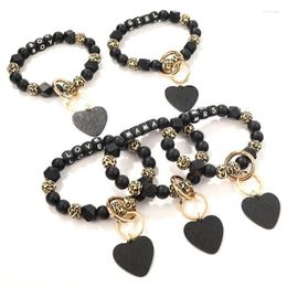 Keychains Fashion Letter Beaded Bracelet Keychain With Heart Pendant Trendy Black Silicone Beads Wholesale Women Car KeyringKeychains Forb22