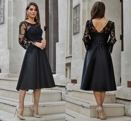 Vintage Black 3/4 Sleeve Mothers Dresses A Line Sheer Lace Jewel Neck Satin Knee Length Women Cocktail Dress Mother of Bride Groom Formal Wears BC12633 0425