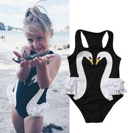 2 7Y Kids Girls Swimwear Baby Bikini Summer Swan Print Ruffle Swimsuits Children Bathing Suits Beachwear 220530