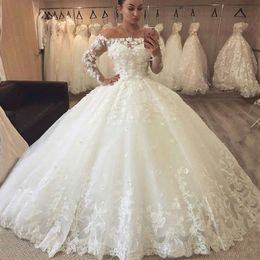 Vestido De Noiva Romantic Flowers Lace Ball Gown Wedding Dresses Long Sleeves Off Shoulder Bridal Gowns robe mariee