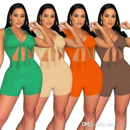 Womens Rib Jumpsuits Designer Rompers 2023 Fake Pocket Lace-Up Sleeveless Top And Shorts Bodysuits