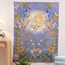 Psychedelic Moon Starry Sky Tapestry Flower Wall Hanging Room Carpet Dorm Rugs Art Home Decoration Accessories J220804