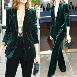 Green Velvet Women Ladies Formal Party Dinner Pant Suits Set Office Work Outfits 2 Pieces