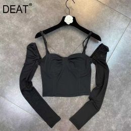 DEAT Spring Arrivals Long Puff Sleeve Chain Strip Slash Neck Black Sexy Blouse Women Top ML505 210709